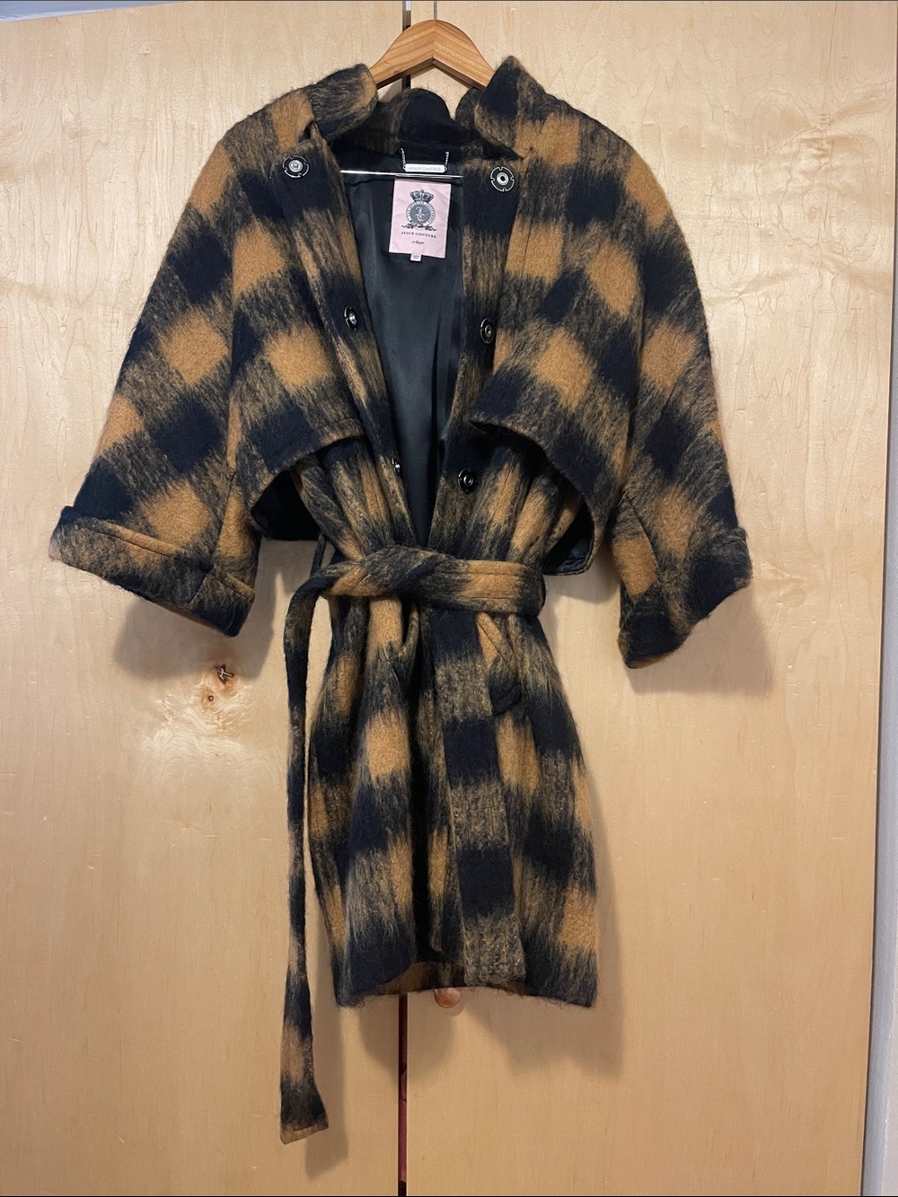 Juicy Couture Black and Tan Plaid Belted Coat